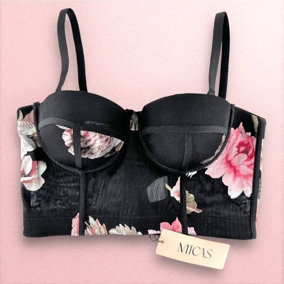 Micas Other - NEW Micas Black & Pink Floral Bustier Underwire Long Line Bra Corset Size Small